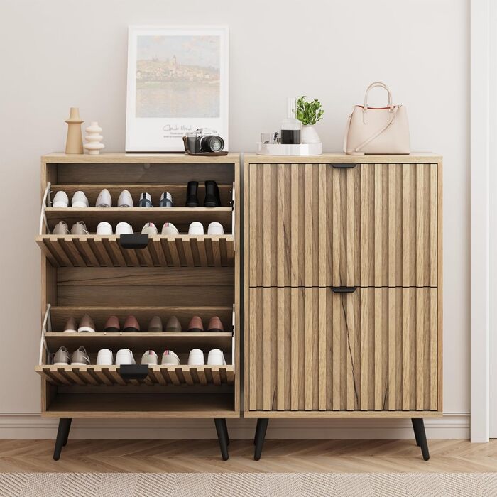 Шкаф для взуття Smuxee з 2 відкидними полицями, 60 см. Сірий шаф для взуття з рельєфним дизайном, незалежний органайзер для взуття для передпокою, коридору, вітальні або гардеробу.