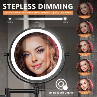 Дзеркало для макіяжу Auxmir з підсвічуванням, 1X/ Акумуляторний, 3200mAh, для гоління, настінний, з регулюванням яскравості, збільшення 30X, 3 кольори світла, поворот на 360°, для ванної кімнати (Чорний)