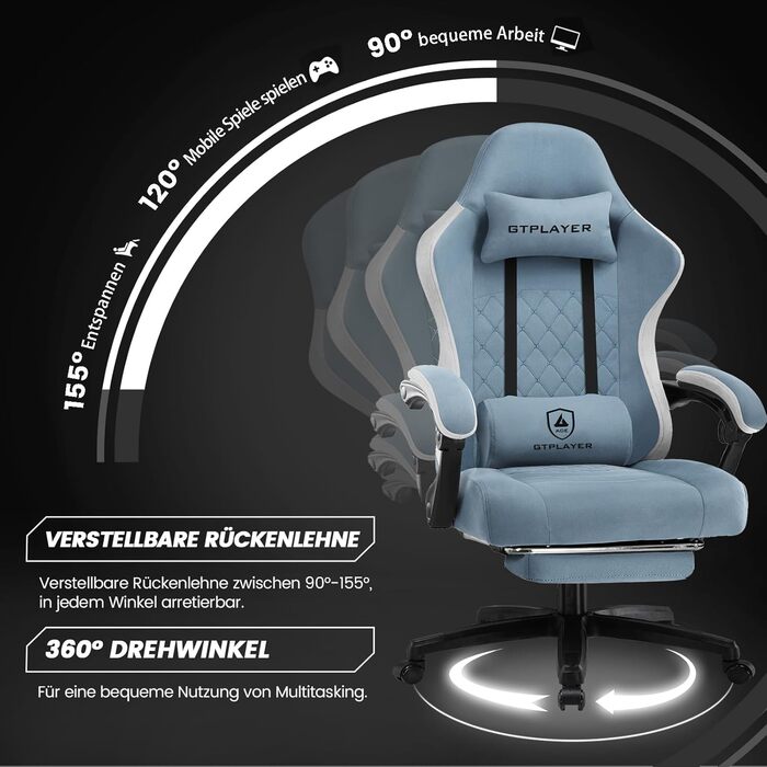 Ігровий крісло LUCKRACER з тканини, комп'ютерне крісло для офісу з підніжкою, racing крісло геймерське, до 150 кг, регулювання спинки 90-135°, ергономічне, 360° обертання, світло-блакитний колір