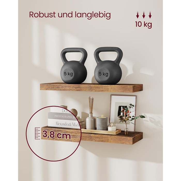 Настінна полиця VASAGLE, 3 шт. у наборі, 20 x 80 x 3,8 см, вінтажний колір, для фотографій, декору, вітальні, кабінету, кухні