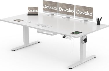 Електричний стіл Devoko з регулюванням висоти 200x80 см, білий, з USB-C зарядкою та органайзером для кабелів