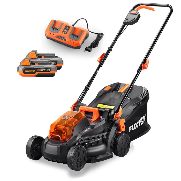 Акумуляторний газонокосарка FUXTEC 40V E1RM20 з 2x20V Li-Ion акумуляторами 2Ah та подвійним зарядним пристроєм – ширина зрізу 33 см, регульована висота зрізу