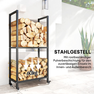 Стильна полиця для дров Outsunny з металу, 60 x 30 x 119 см, 2 яруси, з колесами, чорного кольору