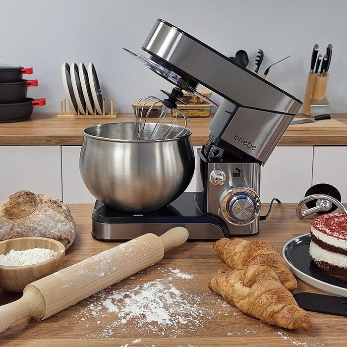 Професійна кухонна машина для замішування тіста Briebe KM1114, 1800W, 5л, 6 швидкостей, збірна чаша, міксер, гак для тіста, венчик