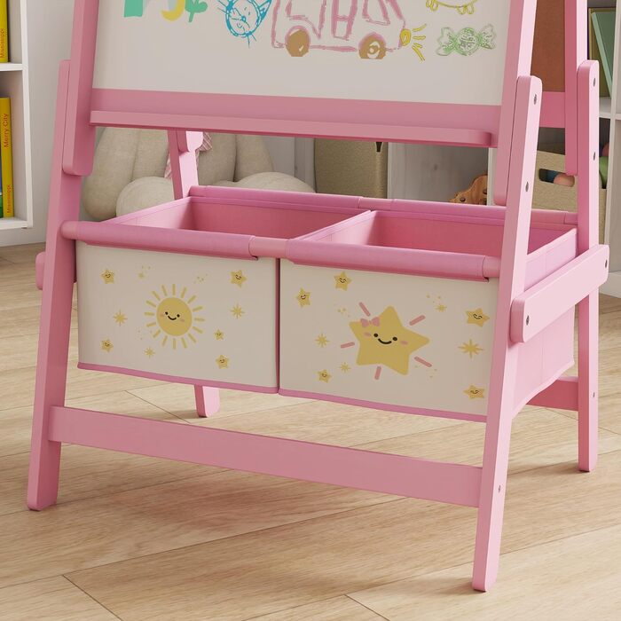 Дитяча мольберт AIYAPLAY 3 в 1, рожевий: двосторонній, з рулоном паперу та 2 кошиками для зберігання, для дітей 3-8 років