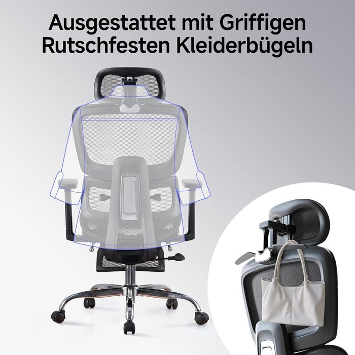 Ергономічне крісло для офісу з підніжкою та подушкою для шиї, 5-рівневе регулювання спинки, 2D підтримка попереку, 3D підлокітники/підголівник, функція нахилу 145°, сітчасте сидіння, гумові колеса (Чорний, Lite)