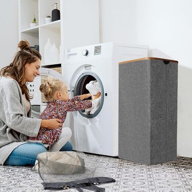 Кошик для білизни Rieeyrslza з кришкою, 158 л, бамбук, 2 мішки, Oxford, складний, сортувальник, для ковдр та одягу (сірий)