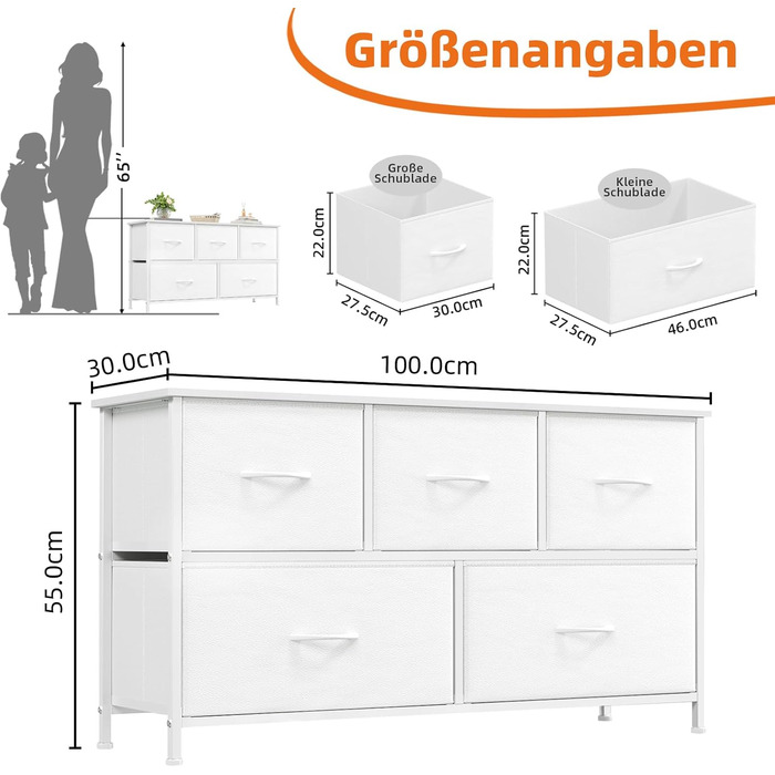 Тумбочка з шухлядами Somdot, тканинна тумбочка, біла тумбочка для спальні, вітальні, прихожої, 5 шухляд, 30x100x52.5 см