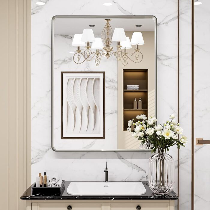 LOAAO Дзеркало для ванної кімнати 61x91.4 см з округлим прямокутним кольоровим каркасом, для макіяжу, настінне, з нержавіючого скла, горизонтальне або вертикальне встановлення (хромована нікель)