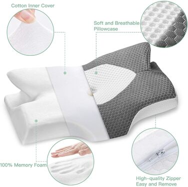 Ортопедична подушка Elviros з Memory Foam для тих, хто спить на боці, з підтримкою шиї, проти болю в шиї та плечах, 64 x 12,5/10,5 x 38 см, темно-сірий