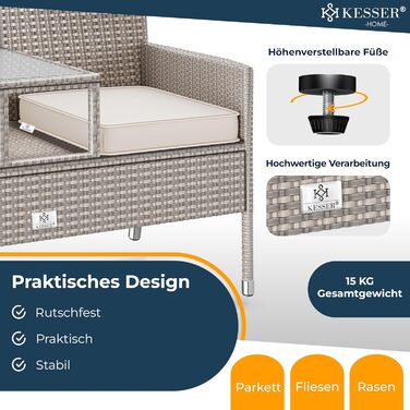 Садова банкетка KESSER® з ротангу на 2 особи з інтегрованим столиком, 143×63×88 см - стійка до погодних умов, комплект з подушками та чохлами (сірий)
