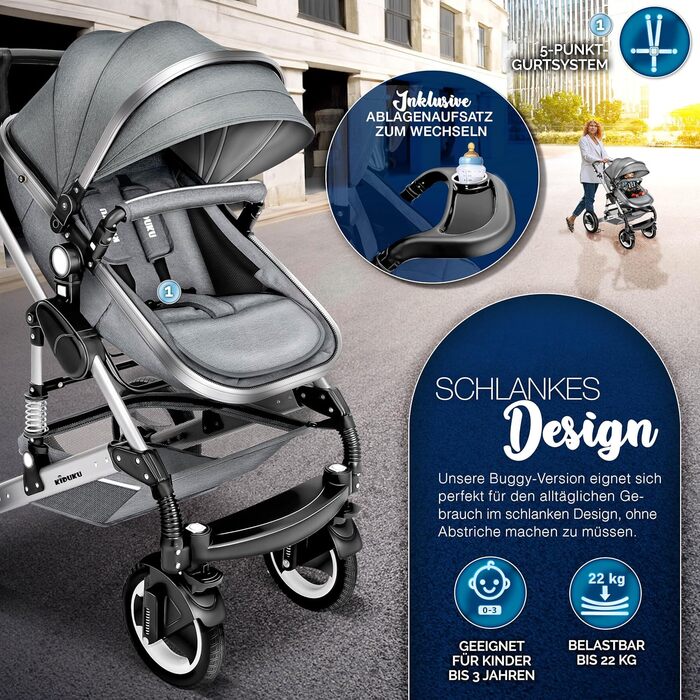 Дитяча коляска 3 в 1 KIDUKU® XXL Комплект | Комбінована коляска з люлькою, візком та автокріслом | З підніжкою, сумкою для підгузків, гріючою для рук, дощовиком, столиком для дитини | З гумовими колесами ECE R129 сірого/срібного кольору