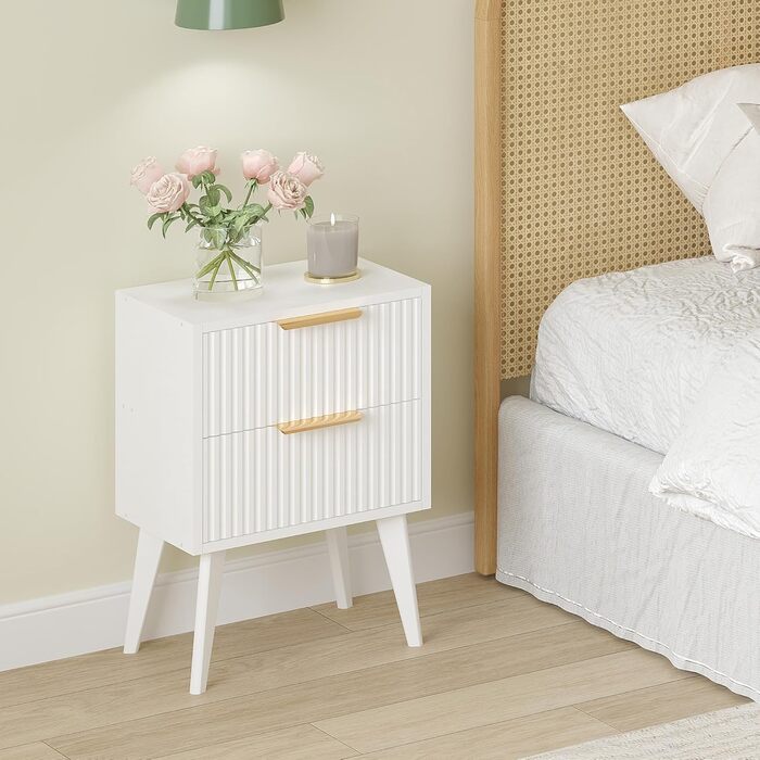 Журнальний столик з ротангу, дерев'яний приліжний столик з 2 висувними ящиками, декорованими ручною роботою з ротангу, бохо-столик, столик для вітальні/спальні з місцем для зберігання, для дому, природа, DECTG59Y (рефлений-білий)