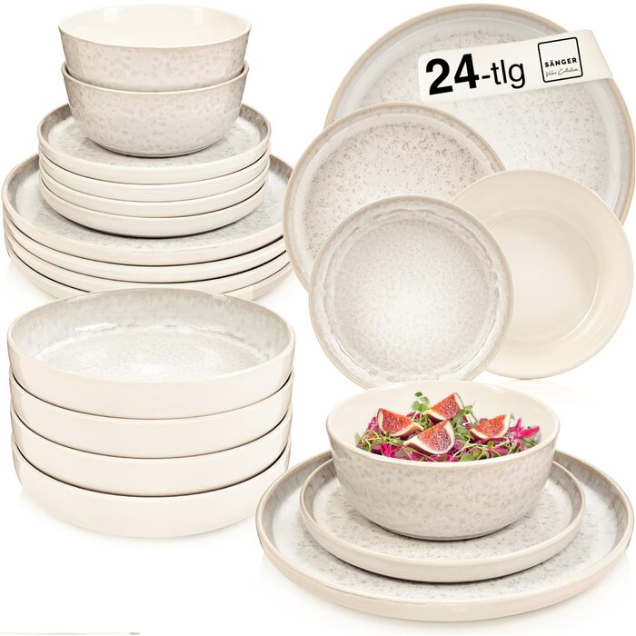 Набір посуду SÄNGER Key West 24 елементи: тарілки для 6 осіб, тарілки для сніданку, десертні тарілки, тарілки для пасти, сервіз кремових кольорів з пісочною текстурою