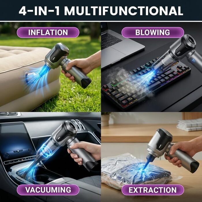 Акумуляторний ручний пилосос 4-в-1 для авто та дому, безщітковий двигун 26000Па, 3 режими потужності, для шерсті тварин та кухні