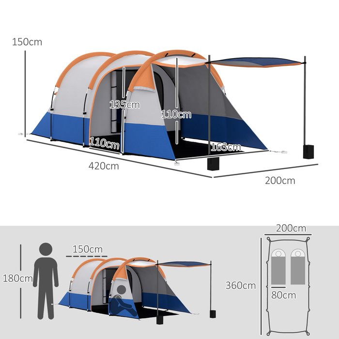 Outsunny Camping Tent, тунельний намет для 3 осіб, з легким гачком, тент, 2 кімнати, вітрозахисний сімейний намет із сумкою для перенесення, водовідштовхувальний висувний намет 2000 мм для кемпінгу, саду, помаранчевого