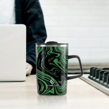 Кружка для кави та чаю Ideus® 470 мл (16 oz) з подвійними стінками, з нержавіючої сталі, з нековзним ручним тримачем та кришкою-відкидним модулем, великий об'єм (Червоний Зебра) (Зелений Зебра)