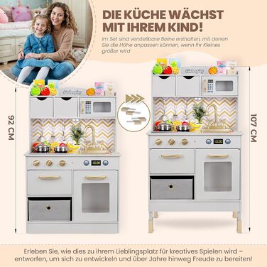 Дерев'яна дитяча кухня Kinderplay з LED та звуками приготування їжі – регульована висота 92–107 см – іграшкова кухня для ролевих ігор від 3 років – повний комплект з аксесуарами, світло-сірий колір Elegant - світло-сірий