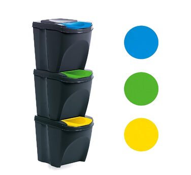 Набір систем для відділення сміття BigDean, 3 відділення, відро для сміття, відро для сміття, що штабелюється, пластикове, з кришкою, 75 л, 3 х 25 л (антрацит)
