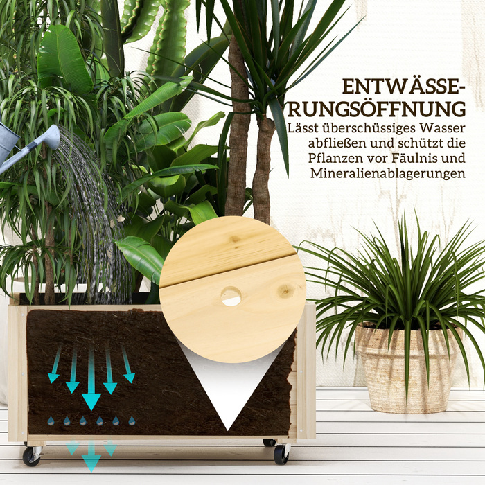 Підвищене грядка, стійке до погодних умов покриття, 4 колеса, натуральне дерево, 89 x 48 x 47 см