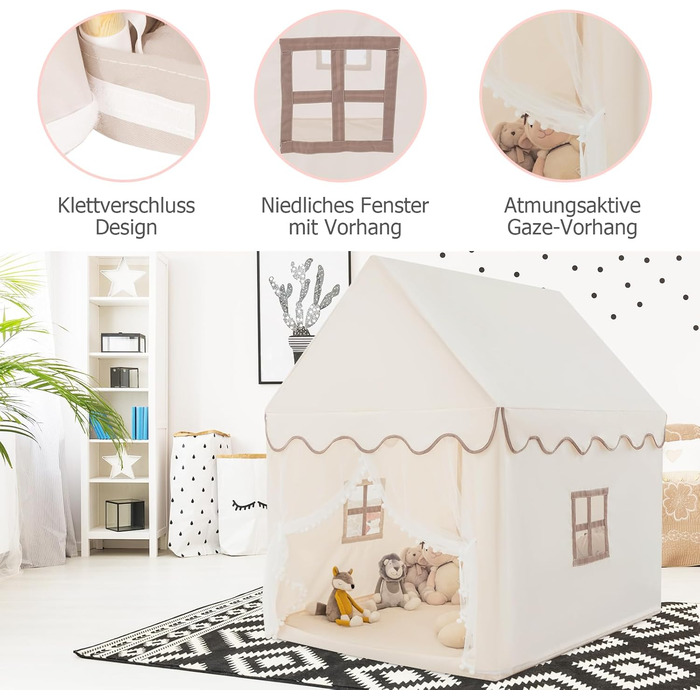 Дитяче намет-ігровий будиночок Dreamade з м'якою дахом, вікнами та дерев'яним каркасом, для хлопчиків та дівчаток (Бежевий)