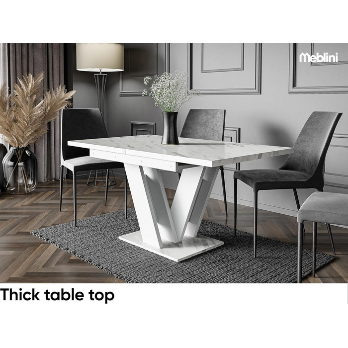 Обідній стіл MebleIni розсувний, сучасний дизайн, кухонний стіл, колона, чорний/білий глянцевий, 120-160x80x75 см, стільниця з білого мармуру/білий матовий
