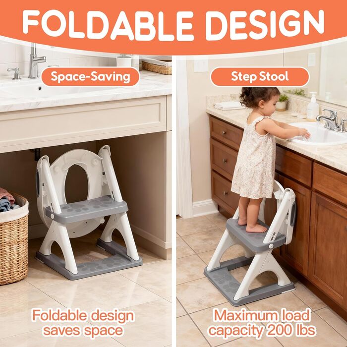 Універсальний дитячий унітаз-сходи SKYROKU 2-в-1 з сидінням для туалету (2-7 років), до 90 кг, сірий