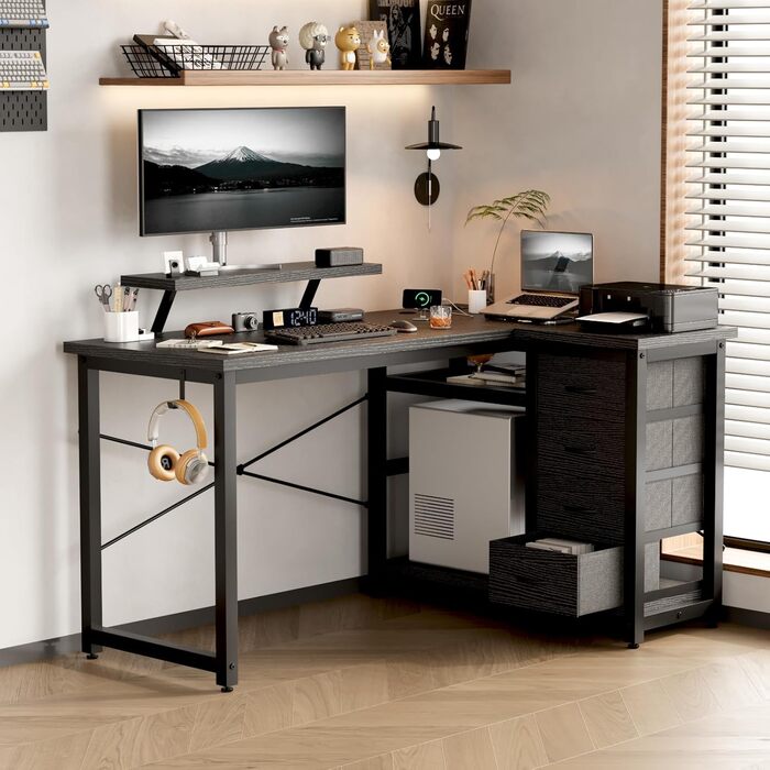 Кутовий стіл Devoko з 4 ящиками з тканини, 2 розетками та 2 USB-портами, для дому та офісу, ігор, білий, 140x80 см