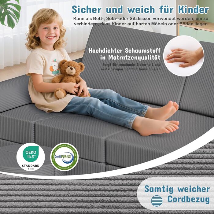Модульна дитяча кушетка-конструктор MAMIZO Spielsofa Cord, 15 елементів, сірий колір. Кушетка для ігор та відпочинку, екологічна тканина Oeko-Tex, для дитячої кімнати.