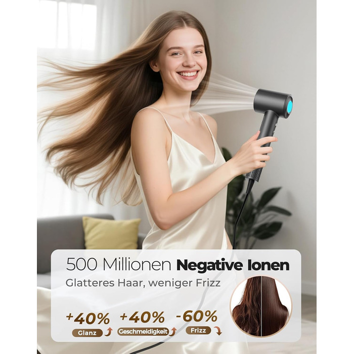 Іонний фен для волосся з дифузором, професійний стайлер 150 000 об/хв, 8 режимів температури з LED-дисплеєм, для кучерявого та густого волосся, чорний