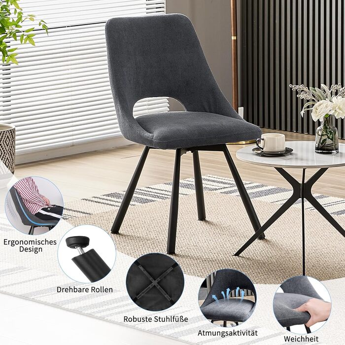 Крісла для обідньої зони, кухонні крісла, крісла для туалетного столика, сучасні м'які крісла для вітальні з металевими ніжками (6 шт., не обертаються, темно-сірий)