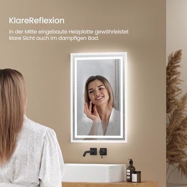 Дзеркало для ванної кімнати EMKE з підсвічуванням 40x60 см LED, антизапарник, холодний/теплий білий, з кнопкою, алюмінієва рама, IP44, енергозберігаюче