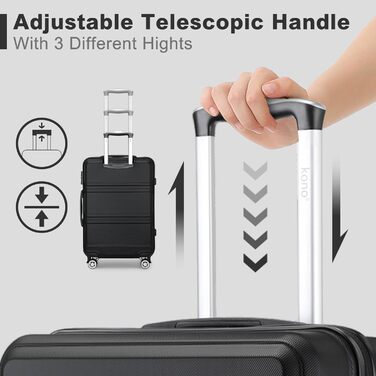 Чемодан KONO 24 дюйми, ABS, з TSA-замком, 4 колеса, 65×44×25.5 см, чорний, 3-частинний набір