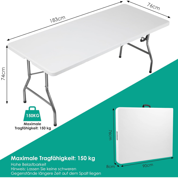 Садовий стіл складний 180x76 см, фуршетний стіл складний пластиковий, розкладний стіл з ручкою для перенесення, кемпінговий стіл на 10 осіб, стійкий до погодних умов Портативний стіл для вечірок для садової тераси, балкон, до 150 кг ротанг (білий)