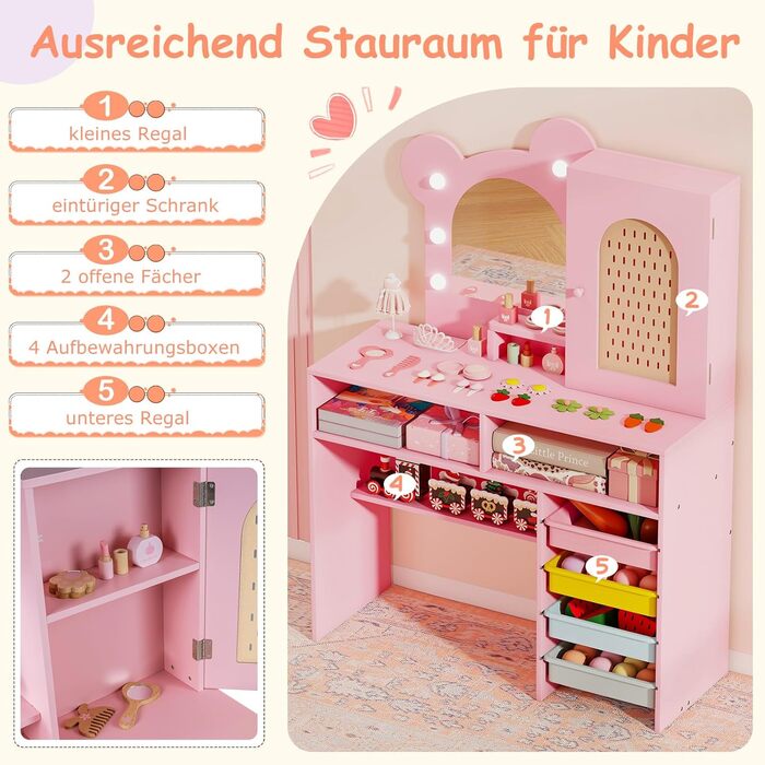 Детский туалетный столик COSTWAY в форме медведя с подсветкой, зеркалом, шкафчиком, 5 ящиками и полками, для девочек от 3 лет (розовый)