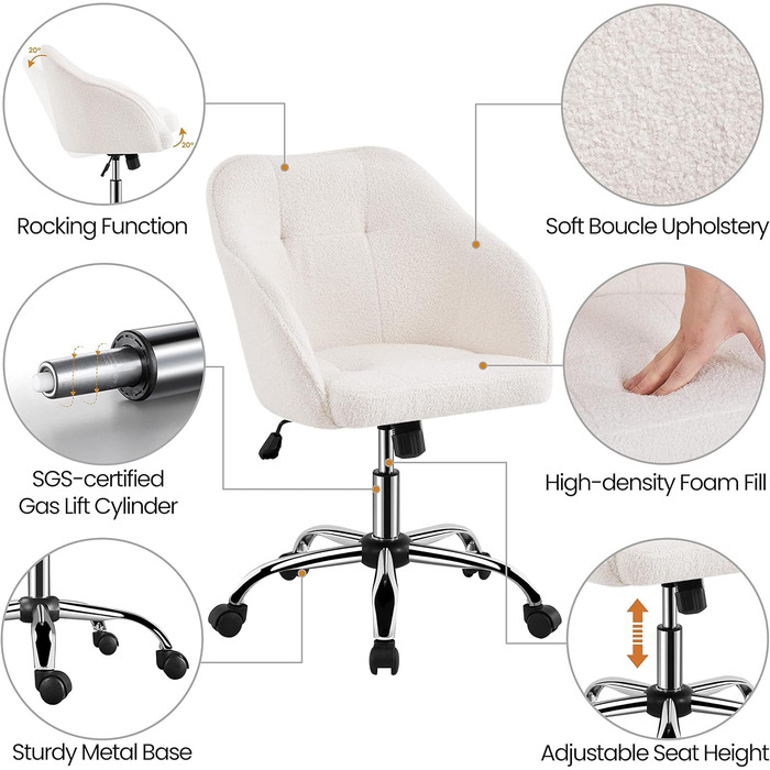 Крісло Yaheetech для дому та офісу: пуф для макіяжу, регульоване по висоті, поворотне, оксамитове, для робочого кабінету, спальні, дихаюче, на коліщатках, до 136 кг, слонова кістка