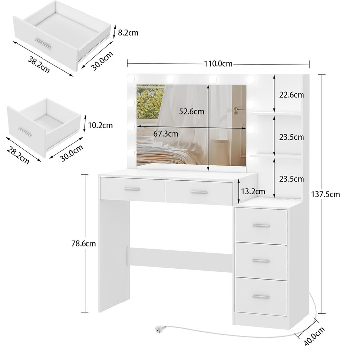 Великий туалетний столик з дзеркалом, LED підсвічування, 5 ящиків, полиці, зарядна база, білий
