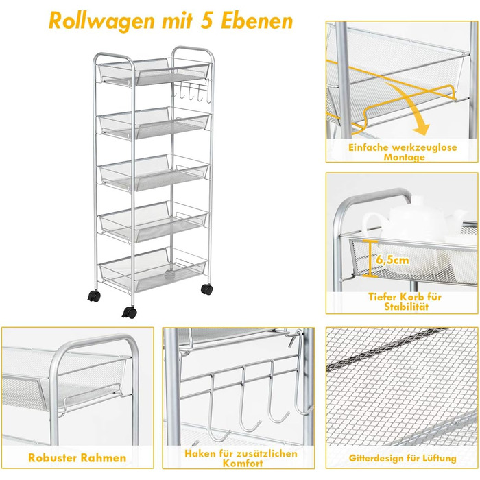 Візок для подачі COSTWAY 5 ярусів з гачками, універсальні колеса, металевий, 43,5 x 26 x 104 см
