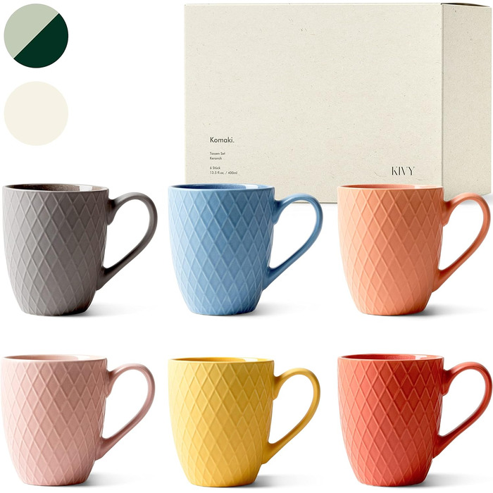 Набір кавових чашок KIVY 6 шт. по 400 мл - великі кавові чашки, чайні чашки, керамічні чашки, сучасний глечик для кави