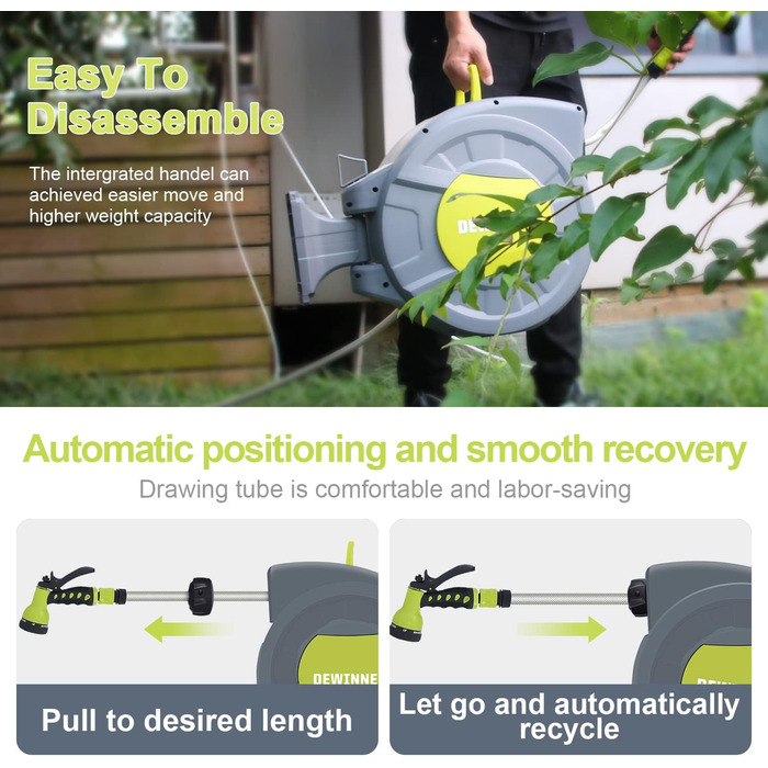 DEWINNER: барабан для садового шлангу 20 + 2 м, автоматичний, з ручною лійкою, поворотний 180°, 7 функцій, для великих садів