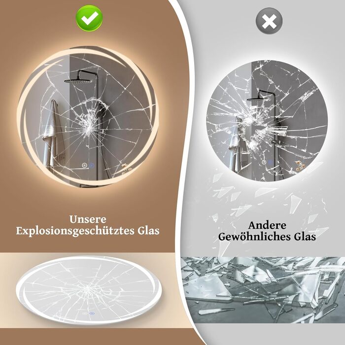 Круглий дзеркало для ванної кімнати Mursche з підсвічуванням, 60 см, LED, IP44, сенсорне регулювання, проти запотівання, для ванної кімнати та туалету