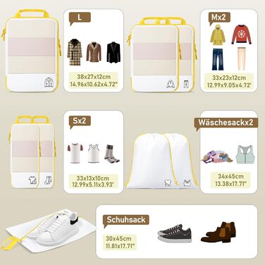 Набір компресійних органайзерів для подорожей та валіз 8 предметів, сумки-пакувальники для одягу в рюкзак, лимонно-жовті