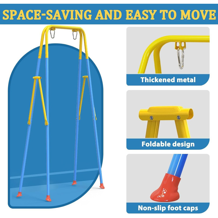 Дитяча гойдалка для саду з м'яким сидінням, складана, з металевим каркасом, для гри в приміщенні та на вулиці, легка у збиранні та зберіганні (Блакитна)