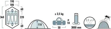 Намет High Peak Dome Woodpecker 3, кемпінговий намет, трекінговий намет на 3 особи, 2 входи, місце для зберігання, постійна вентиляція, водонепроникність 3000 мм, захист від комарів, стійкий до вітру