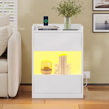 Нічний столик AOGLLATI з LED-підсвічуванням та зарядкою, 2 шухляди та полиця, білий (40x35x60 см)