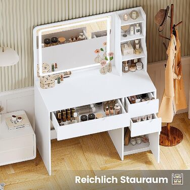 Білий туалетний столик для макіяжу з LED-підсвічуванням та дзеркалом | 3 ящики, 3 полиці, шафка | Столик для макіяжу для спальні