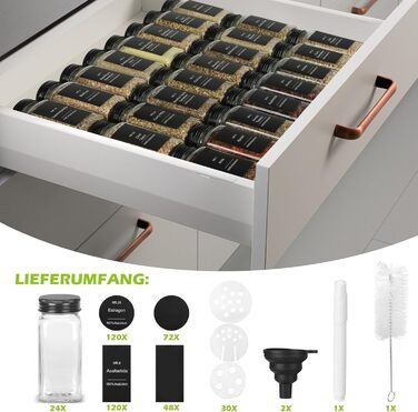 Набір скляних банок для спецій 30 шт. з дозатором, 120 мл, чорний колір, вологостійкі етикетки, органайзер для спецій