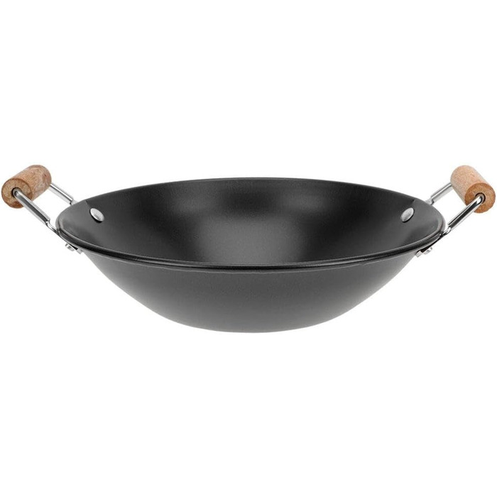 Сковорода вок з нержавіючої сталі OSALADI з плоским дном, подвійною дерев'яною ручкою, міцною сковородою вок, кухонними аксесуарами (чорна)