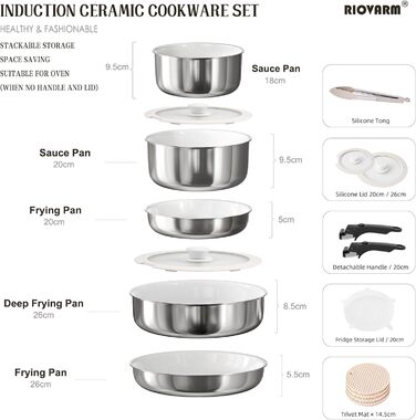 Набір посуду RIOVARM з індукційним покриттям: каструлі та сковороди з знімними ручками, антипригарне гранітне покриття, складна конструкція, кришки з силікону, без PFOA, 16 предметів з нержавіючої сталі