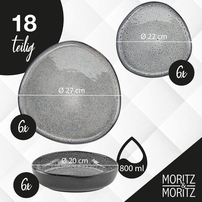 Набір посуду Moritz & Moritz ORGANIC 18 предметів (6 осіб) сірий - елегантний набір тарілок з високоякісної кераміки (6 великих, 6 десертних, 6 супових тарілок)